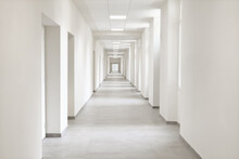 Empty Hallway, Very Long Corridor With Many Doors For Rooms Of Hospital, Hotel, School Or Laboratory, Building With Many Office, Campus For Medical And Scientific Experiments, Research, Or Teaching