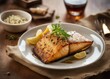Grilled mackerel fish with lemon and rice on wooden table