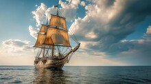 大海原を航行する木造帆船
