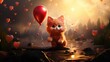 cute red kitty holding red heart shaped hot air balloon
