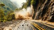 Landslide, rockfall on the road, dust and stones in the air. The concept of natural disasters