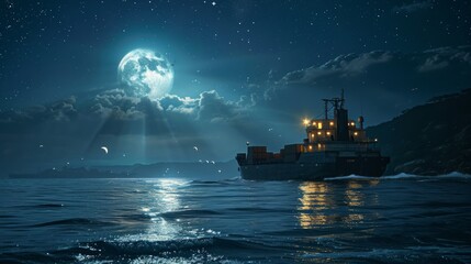 Aufkleber - Cargo ship sailing under the moonlight, containers lit up, starry sky, realistic lighting, detailed scene Generative AI