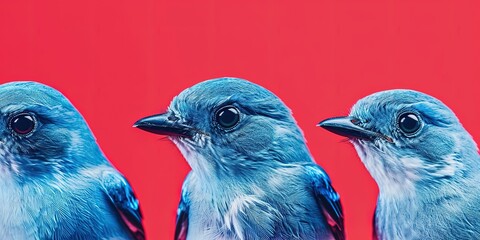 Wall Mural - three blue birds on a red background