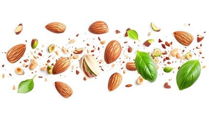 Wall Mural - set with Flying in air fresh raw whole and cracked pistachios, almonds and hazelnut isolated on white background.