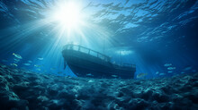 A Sunken Ship At The Bottom Of The Ocean Or Sea. Wrecked Ship. Underwater Landscape. The Sun's Rays Break Through The Water, Boat Ship From Underwater Blue Ocean With Sun Rays, Ai Generated Image