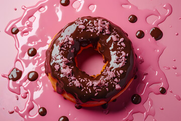 Donut falling into melted chocolate glaze