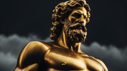 Golden statue of greek god zeus on a plain dark background from Generative AI