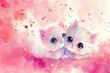 Watercolor of  couple of cat in love on pink background with copy space, valentine theme.