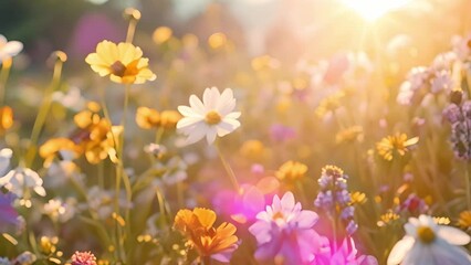 Wall Mural - Spring wildflower field in beautiful sunlight. Slow motion movie showing a field of pretty wild flowers gently swaying in the breeze focusing on the poppies and cornflowers in the foreground. A stunni