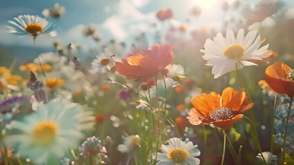 Wall Mural - Spring wildflower field in beautiful sunlight. Slow motion movie showing a field of pretty wild flowers gently swaying in the breeze focusing on the poppies and cornflowers in the foreground. A stunni