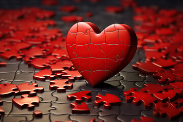 Wall Mural - A red heart puzzle piece standing out on a backdrop of scattered pieces, representing a unique love. Saint Valentine day card