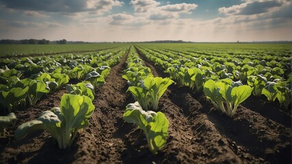 Wall Mural - Rows of young sugar beets plants on a field farm from Generative AI