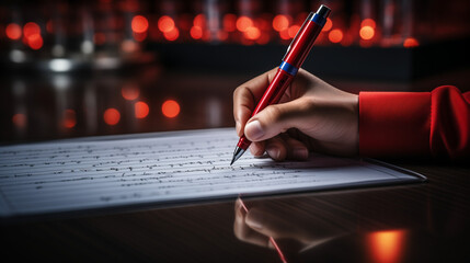 person writing on a notebook, Writing steps by hand in red pen for a progressive idea and the next step
