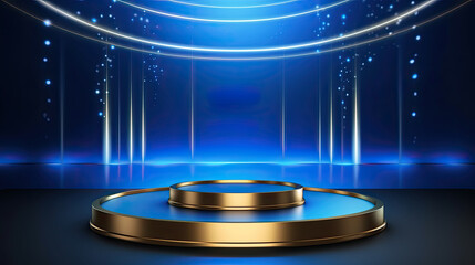 Poster - empty golden product podium, blue background