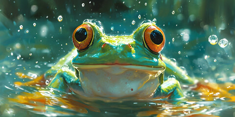 Wall Mural - Funny frog in nature. Edited AI illustration.