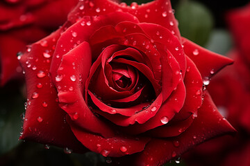 Wall Mural - The water droplets on the red rose bloom in beautiful, natural shape.