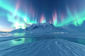 The snow in the antarctica is thick, smooth, and beautiful and aurora sky