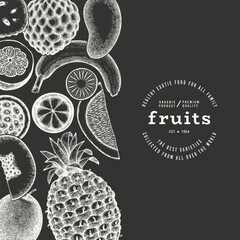 Wall Mural - Tropical Fruit Design Template. Vector Hand Drawn Exotic Fruit Chalk Board llustration. Vintage Style Menu Illustration.