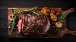 Prime rib beef fillet roast on black wooden board background, on dark wood table counter top down view
