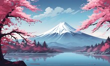 Mt Fuji With The Cherry Blossom Trees In The Background, In The Style Of Light Sky-blue And Dark Red. Generative Ai

