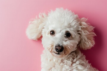 Wall Mural - Top view photo of cute white poodle lying on the pink background with space for text