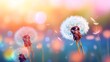 Beautiful dandelion flower with flying feathers on colorful bokeh background. Macro shot of summer nature scene.
