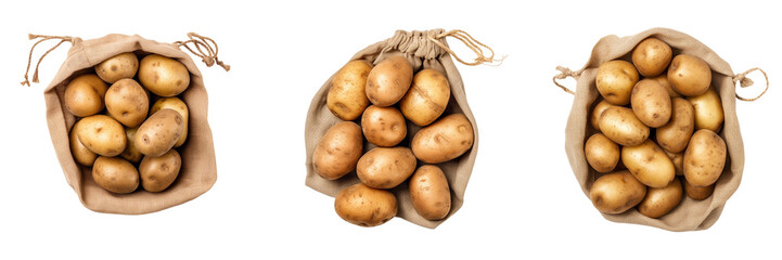Wall Mural - aw fresh potatoes in burlap bag isolated top view on a transparent background