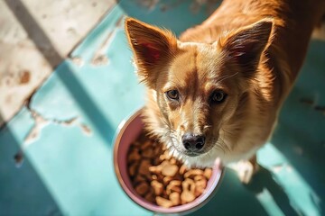 Wall Mural - Top view photo of cute dog feeding on bowl of dog food on blue background in sunlight