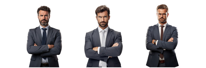 business man with crossed arms and serious face, ultrarealistic photography, cinematic, on a transparent background 