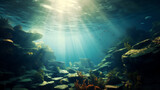 Fototapeta Do akwarium - Underwater view of the world, Beautiful blue ocean background with sunlight and undersea scene, water of tropical sea, Ai generated image 