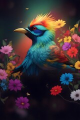 Wall Mural - Beautiful bird on a background of flowers. Vintage style.