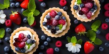 Healthy Summer Pastry Dessert. Berry Tartlets Or Cake With Cream Cheese Top View.
