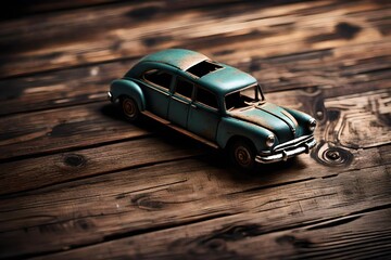 Wall Mural - A miniature model car displayed prominently on a rustic wooden background, casting a subtle shadow that highlights its intricate details.