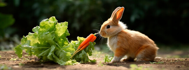Wall Mural - little rabbit eats carrots on a dark background.