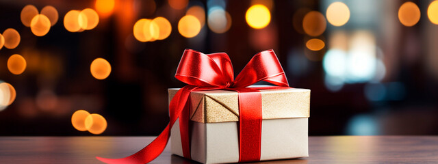 gift on table with red ribbon.