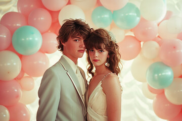 Wall Mural - High school sweethearts, 1980s prom attire, pastel colors, dreamy gaze, in front of a nostalgic gymnasium balloon arch