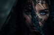 Mysterious portrait in a dark setting, black lace veil covering half the face