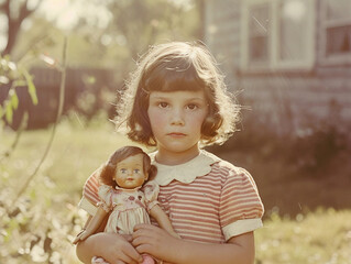 Wall Mural - Childhood portrait from the 1960s, retro striped dress, holding a vintage doll, faded color palette