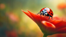 Ladybird Close-up. Ladybug On A Fabulous Red Flower. Selective Focus. AI Generated