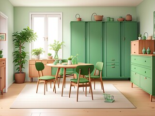 Mint colored chairs surround a round wooden dining table in a room with a green wall, a sofa, and a cabinet. Scandinavian modern living room interior design from the mid-1900s.