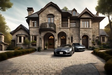 Wall Mural - Stone facade of a house with two cars parked in the driveway, showcasing the architectural details and landscaping around the property.