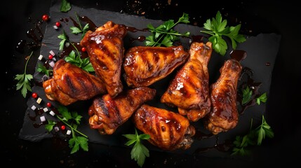 Wall Mural - Top view of delicious grilled chicken wings with spicy sauce. Serving fancy food in a restaurant.