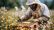 Beekeeper inspecting honeycomb in a field, highlighting sustainable beekeeping practices.