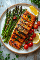 Wall Mural - Grilled salmon steak with asparagus and cherry tomatoes on a white plate.