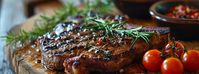 Wall Mural - delicious grilled steak close-up with rosemary