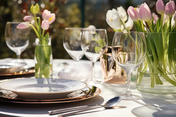 Wall Mural - Festive dinner table setting with cutlery, wine glasses and tulip flowers