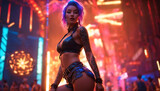 tattooed sexy female woman dancing at nightclub wearing leather bra and shorts, tattoo on body. Young seductive lady dance at people background. girl go go dancer working in night club Generative ai