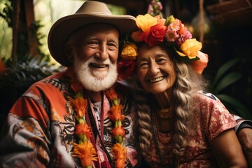 Wall Mural - Portrait of a happy elderly couple on vacation in national costumes. Journey