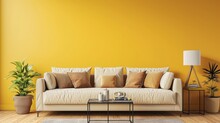  Showcasing The Rich Textures Of The Beige Sofa, Vibrant Yellow Wall, And The Intricate Details Of The Side Tables And Lamps