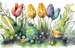 Osterglocken, Frühlingsblumen und Ostereier in Wasserfarben Effekt